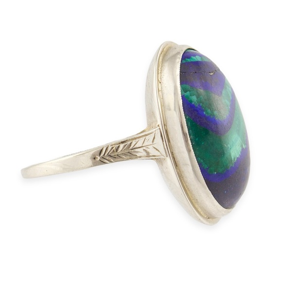 Vintage 14K White Gold Azurite Malachite Ring Size 8 Blue Green Oval Cabochon - Picture 2 of 9